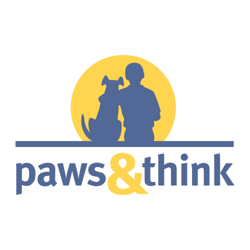 Paws and Think log, has man and dog side by side in front of a circle with Paws and Think logo underneath
